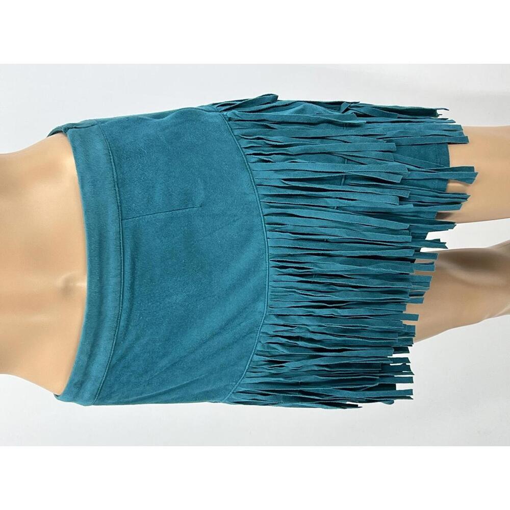 Boho Fringe Mini Skirt Size‎ Regular 6 Teal Suede